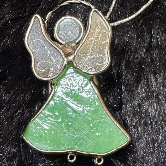 Stained Glass Angel Ornament"You Can Do Anything" Green Silver - Picture 3 of 3